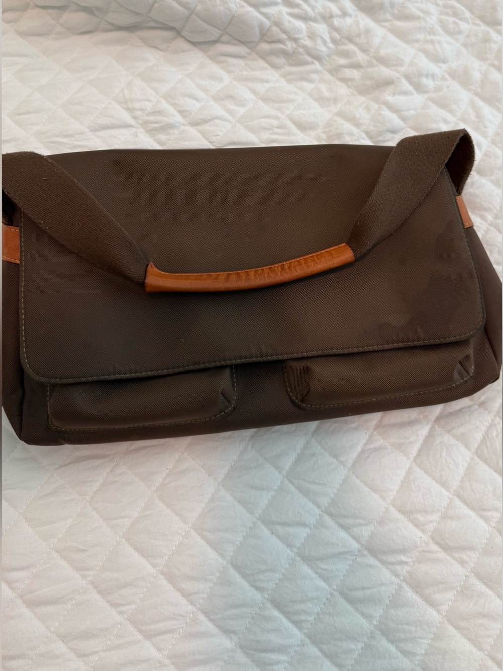 Lands End Brown Nylon Messenger style purse with Leather Trim